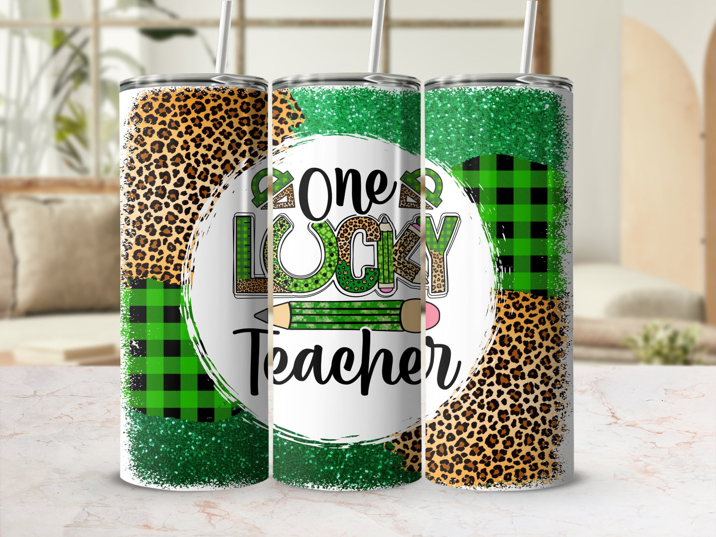 "One Lucky Teacher" tumbler with leopard print and green plaid accents.