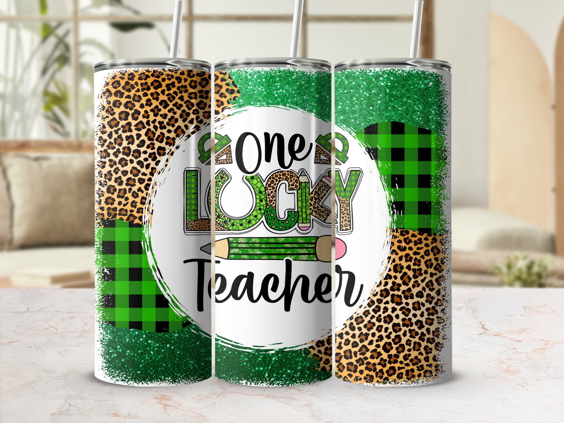 "One Lucky Teacher" tumbler with leopard print and green plaid accents.
