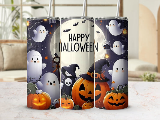 Three tumblers featuring cute ghosts, pumpkins, and bats with "Happy Halloween" text.