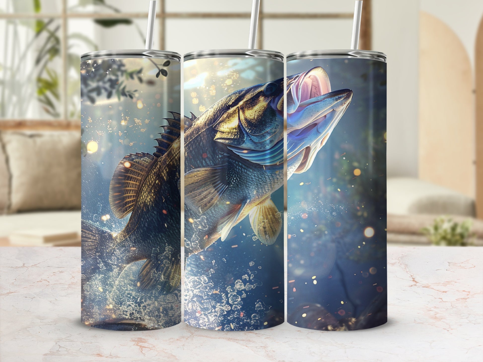Three tumblers with a leaping bass fish graphic, featuring water splashes.