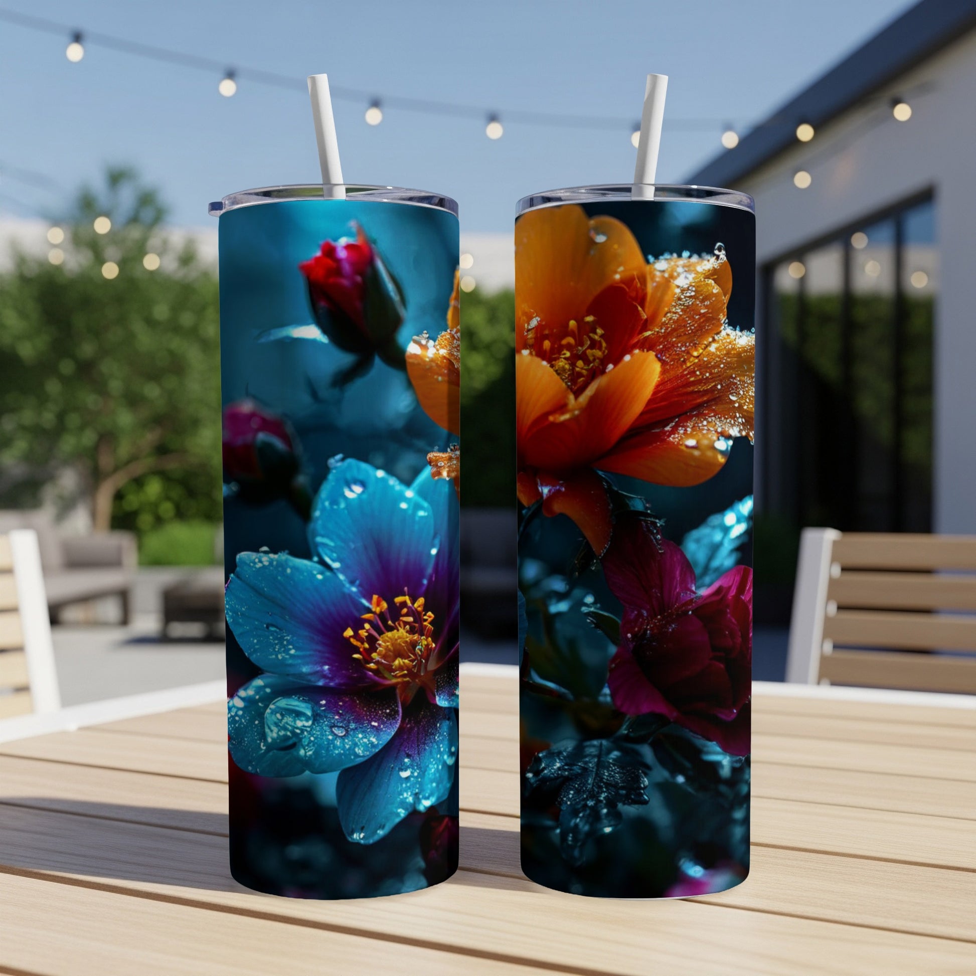 Two tumblers with floral designs, one blue and one orange, on a table.