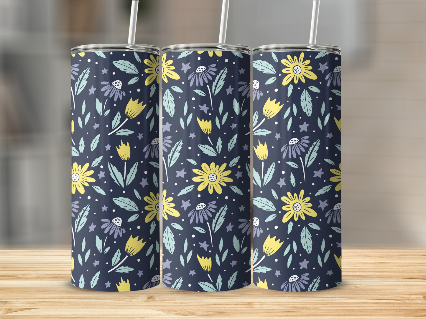 Floral Patterned Navy Blue Stainless Steel Tumbler