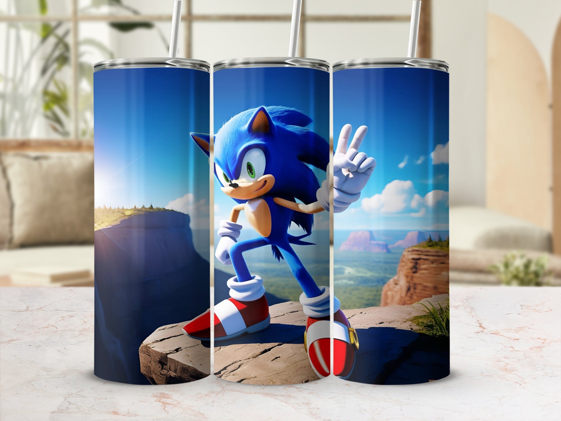 Sonic the Hedgehog on a rocky cliffside, a tumbler with his image.