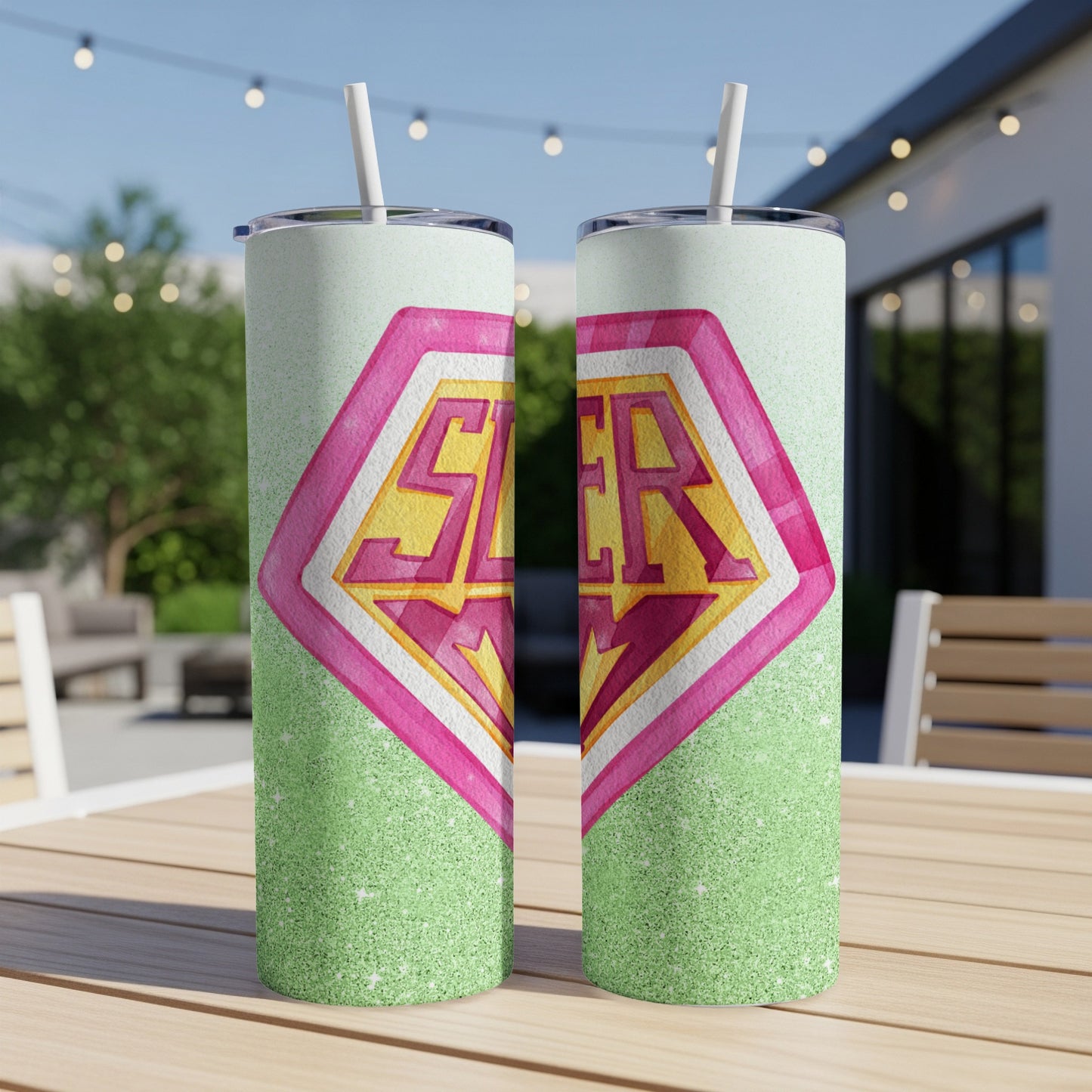 Two tumblers with "SLER" in a superhero logo on a glittery green background.