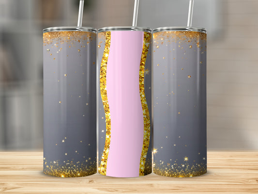 Three tumblers with grey, gold glitter, and pink wavy design.