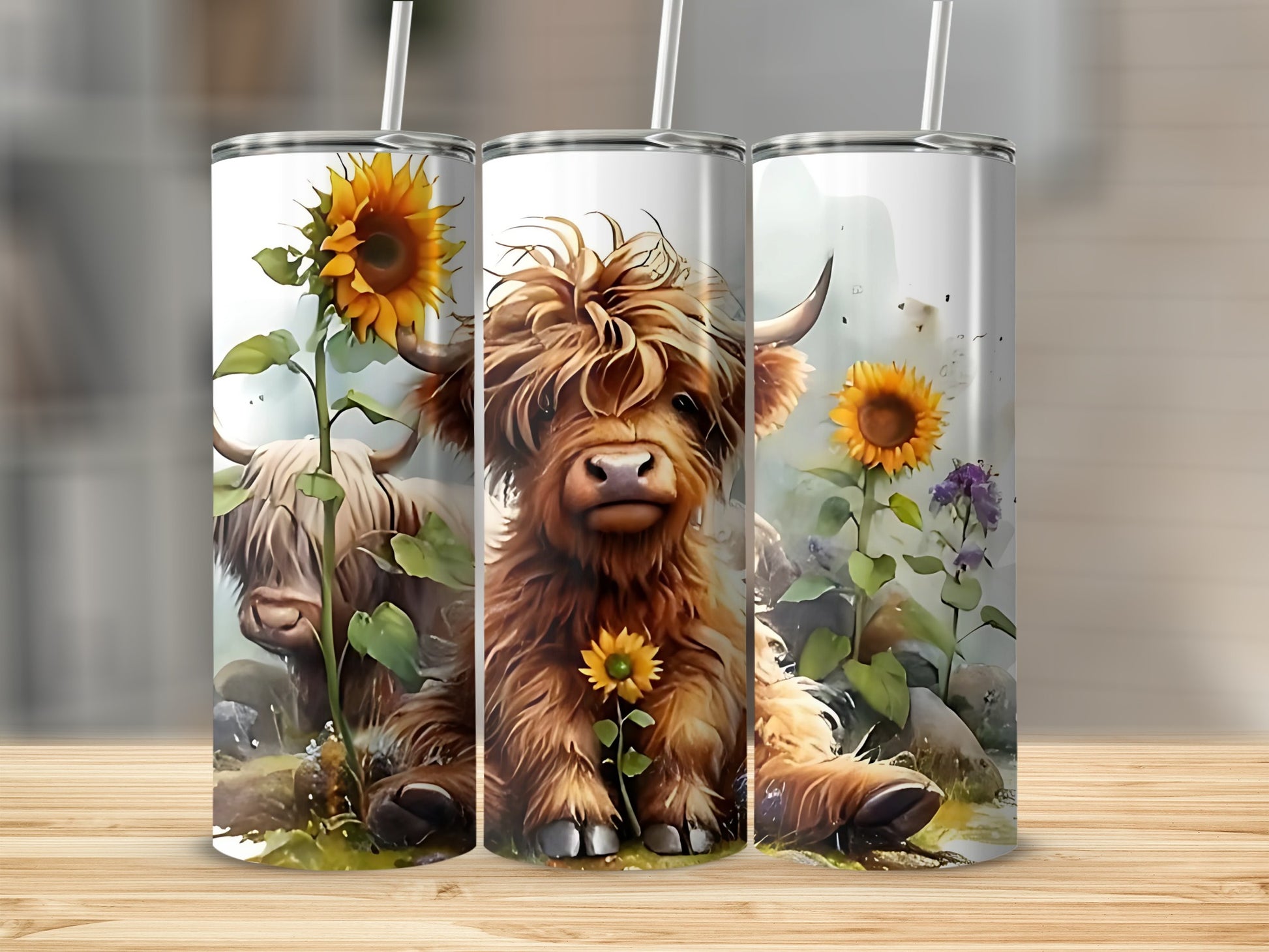 Cute Highand Cow and Sunflower Design Tumbler
