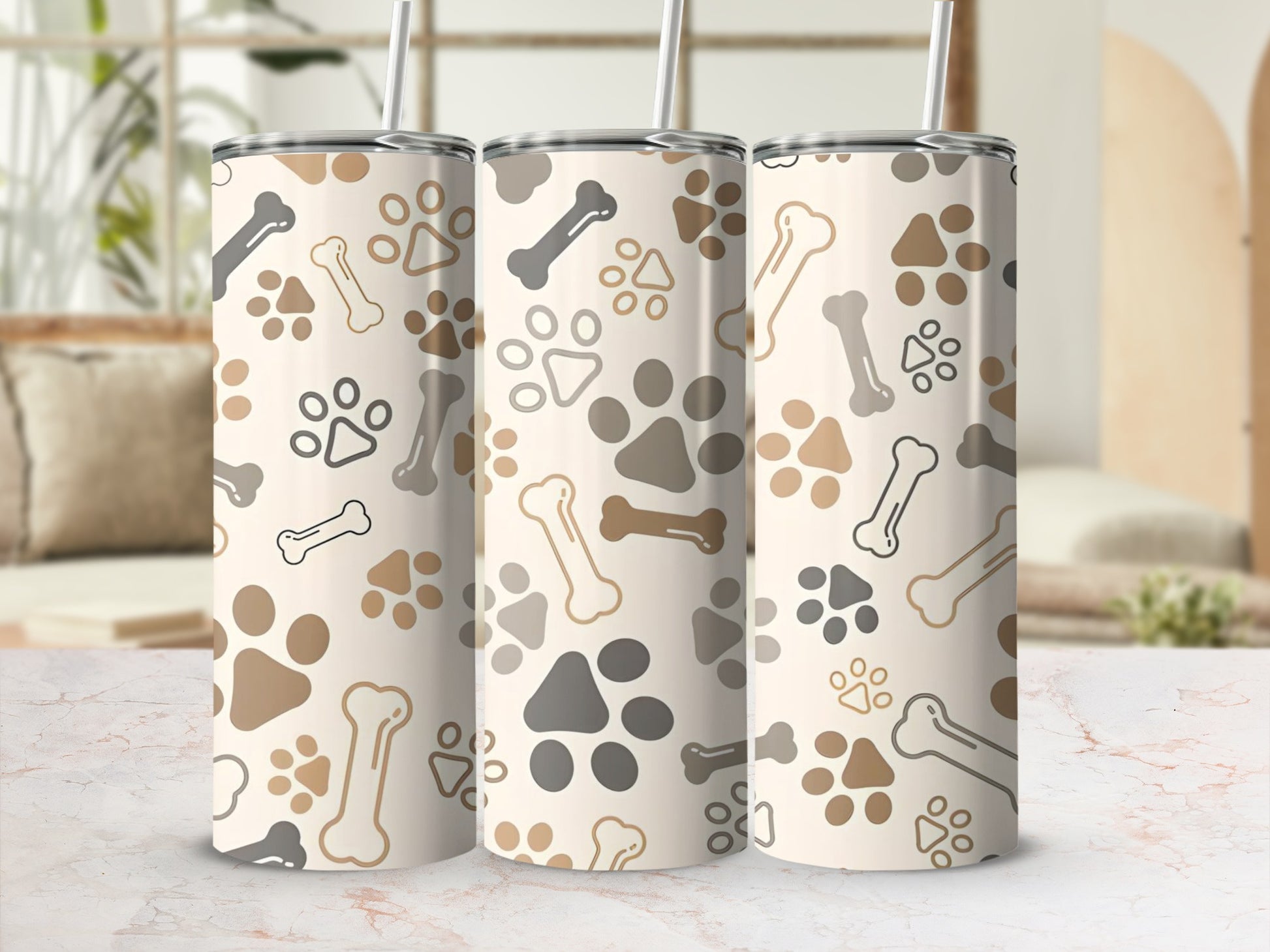 Paw Print and Bones Design Tall Stainless Steel Tumbler