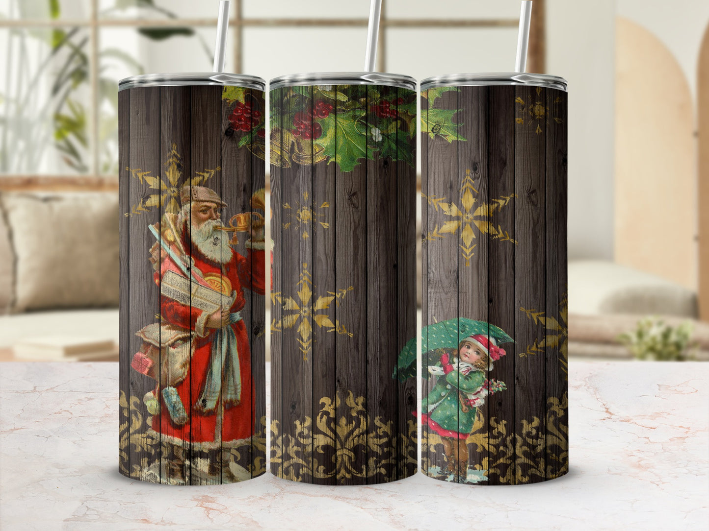 Santa Claus and a girl with an umbrella on a rustic wood tumbler.