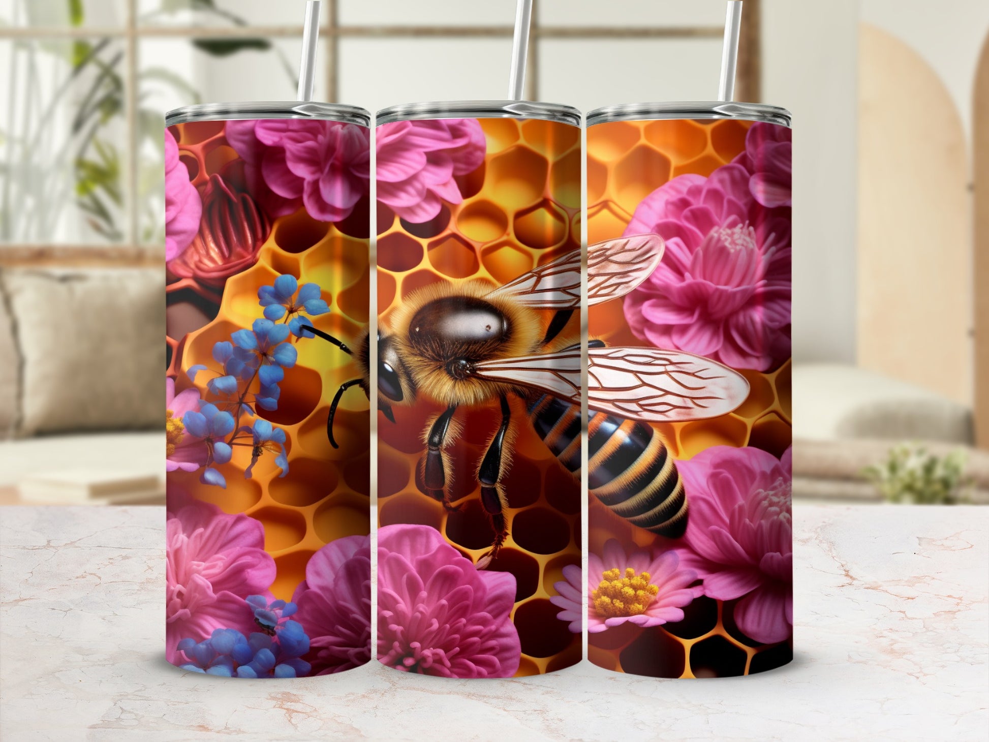 Sweet Honeycomb Bee Pink Blooms Blue Accents Pattern product type