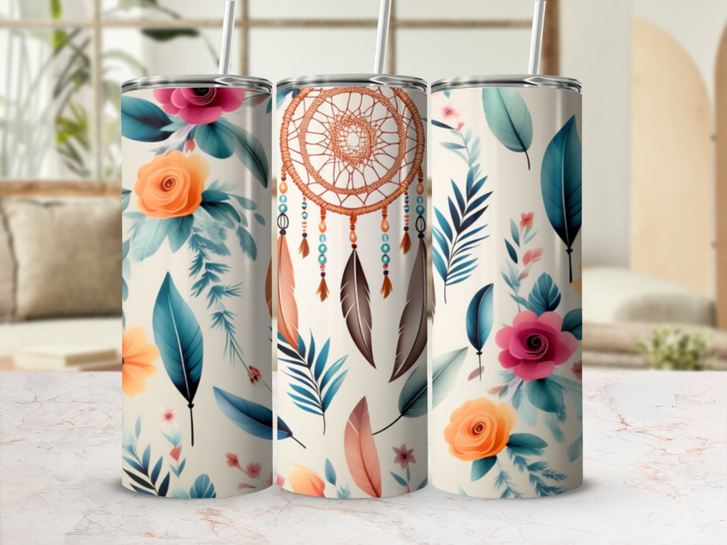 Tumbler with dreamcatcher, feathers, and floral patterns.