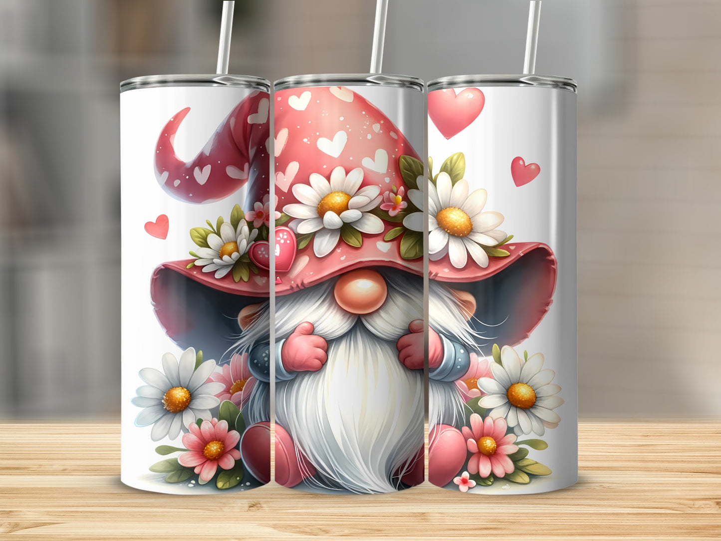 Pink gnome with flowers on a tumbler, featuring hearts.