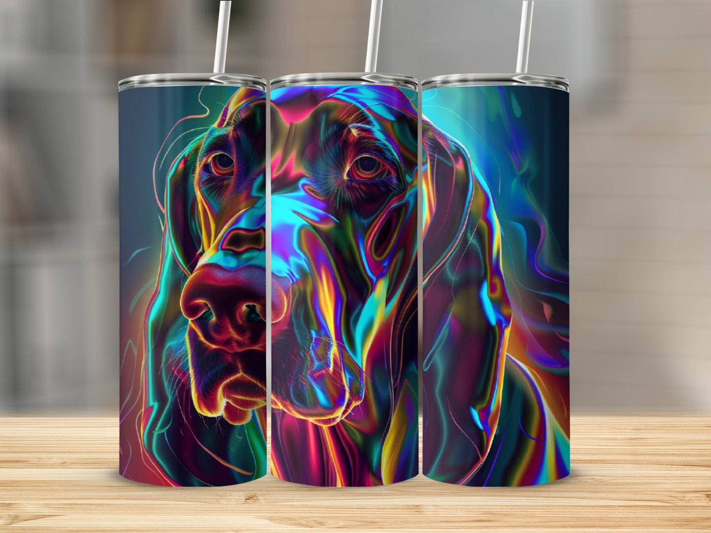 Colorful abstract dog portrait on a cylindrical tumbler.