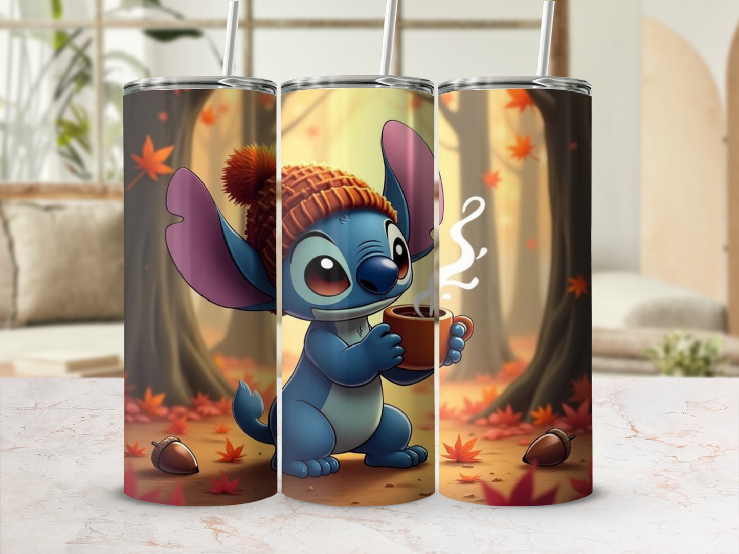 Cute Blue Alien Sipping Coffee in Autumn Tumbler