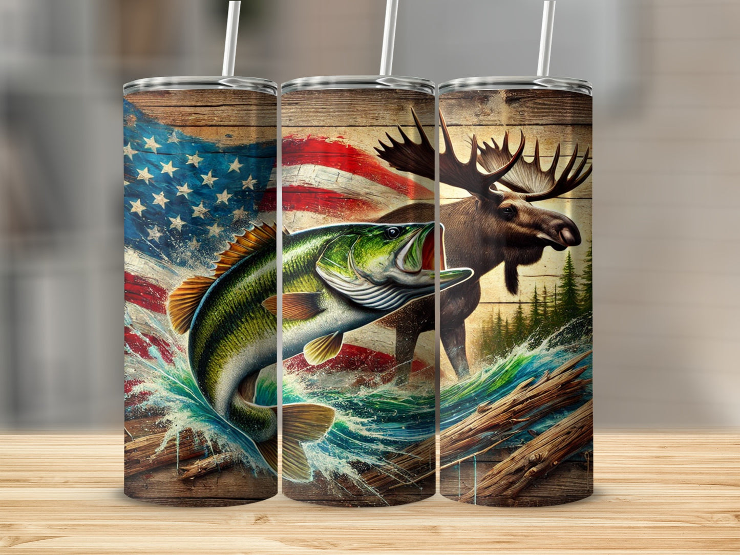 American Flag Moose and Fish Design Tumblers