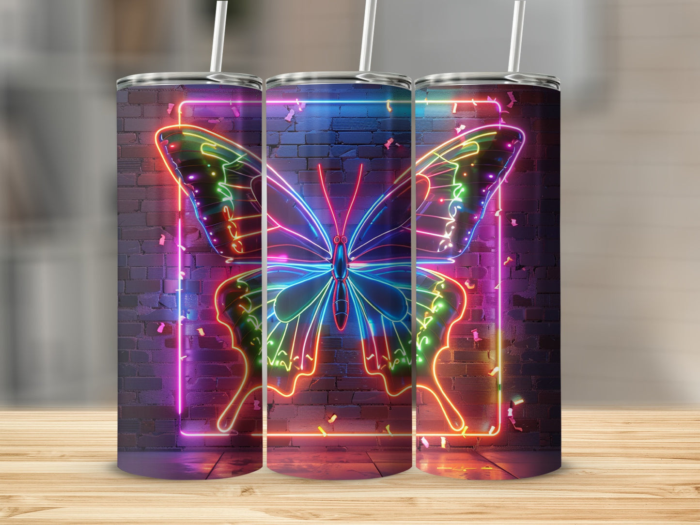 Neon butterfly illuminated on a brick wall, displayed on three tumblers.