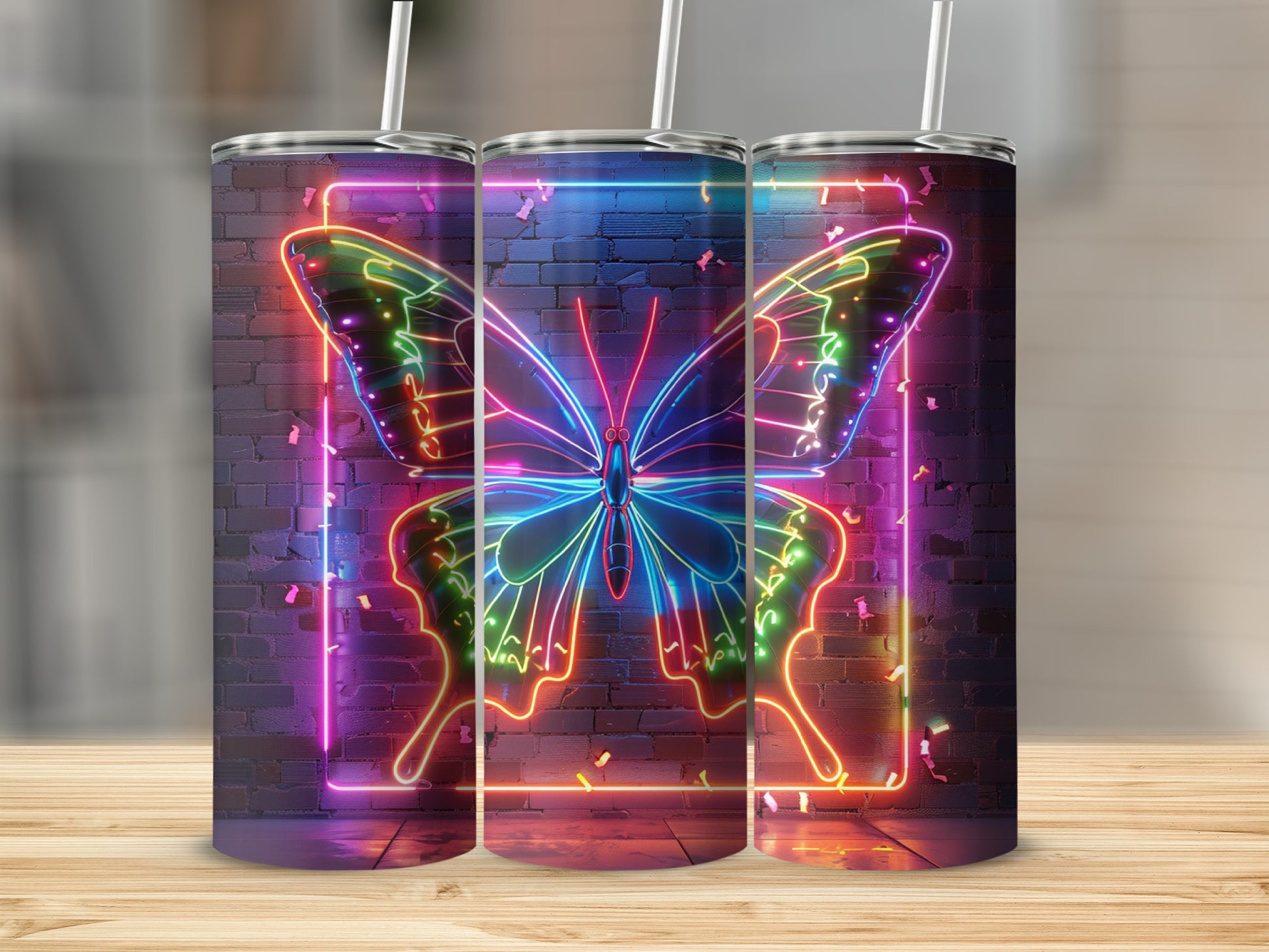 Neon butterfly illuminated on a brick wall, displayed on three tumblers.