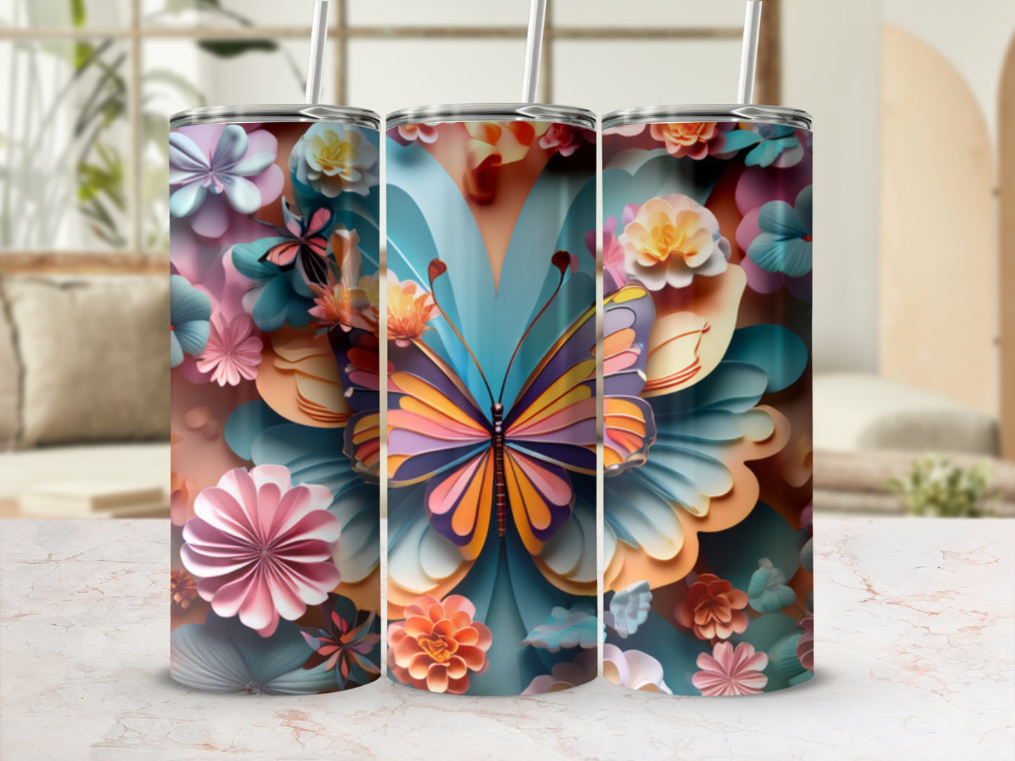 Butterfly and floral design on a set of three tumblers.