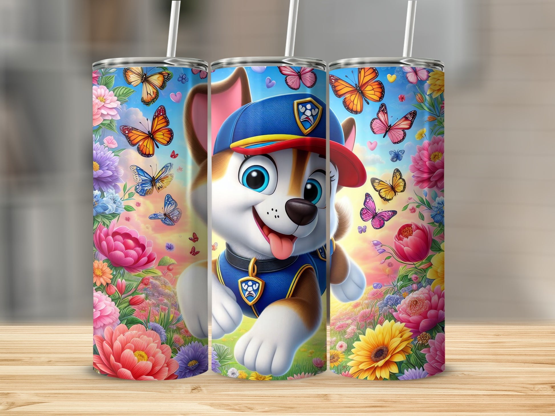 Colorful Cartoon Dog with Butterflies Tumbler Product