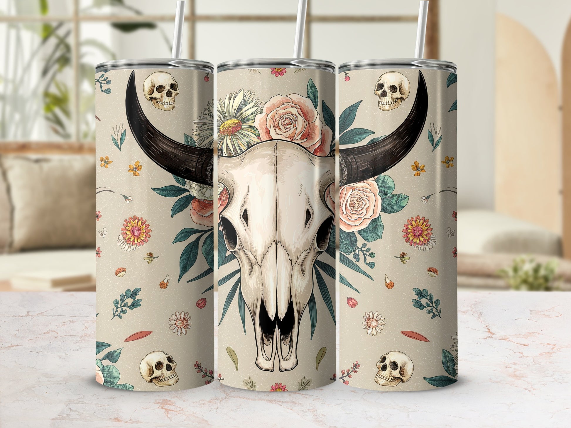 Bull skull and flowers pattern on a tumbler.