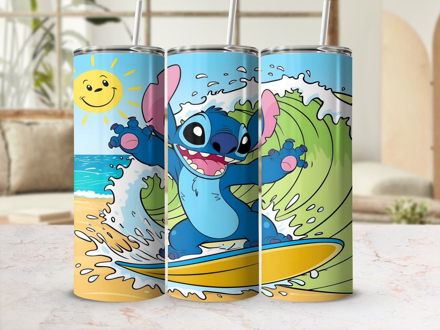 Stitch surfing a wave with a sun and beach background.