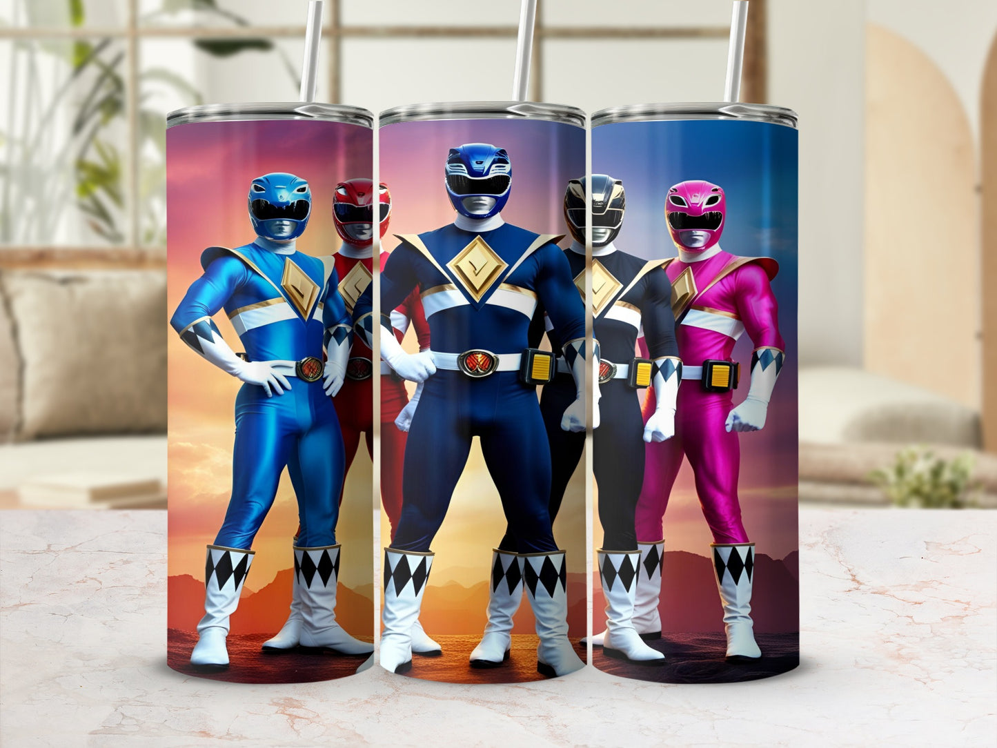 Three Power Rangers stand with helmets on, against a sunset background.