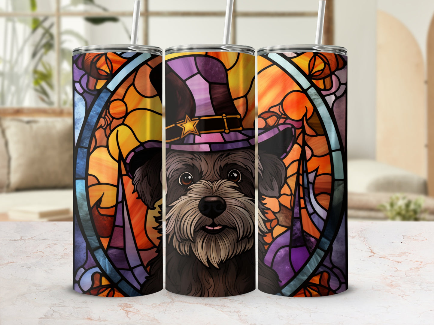 Stained glass dog with wizard hat on three tumblers.