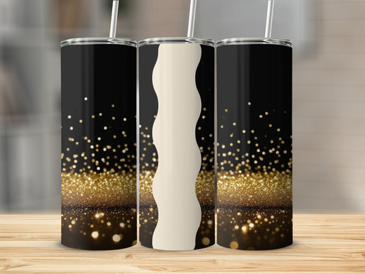 Three tumblers with black, gold glitter, and cream wave design.