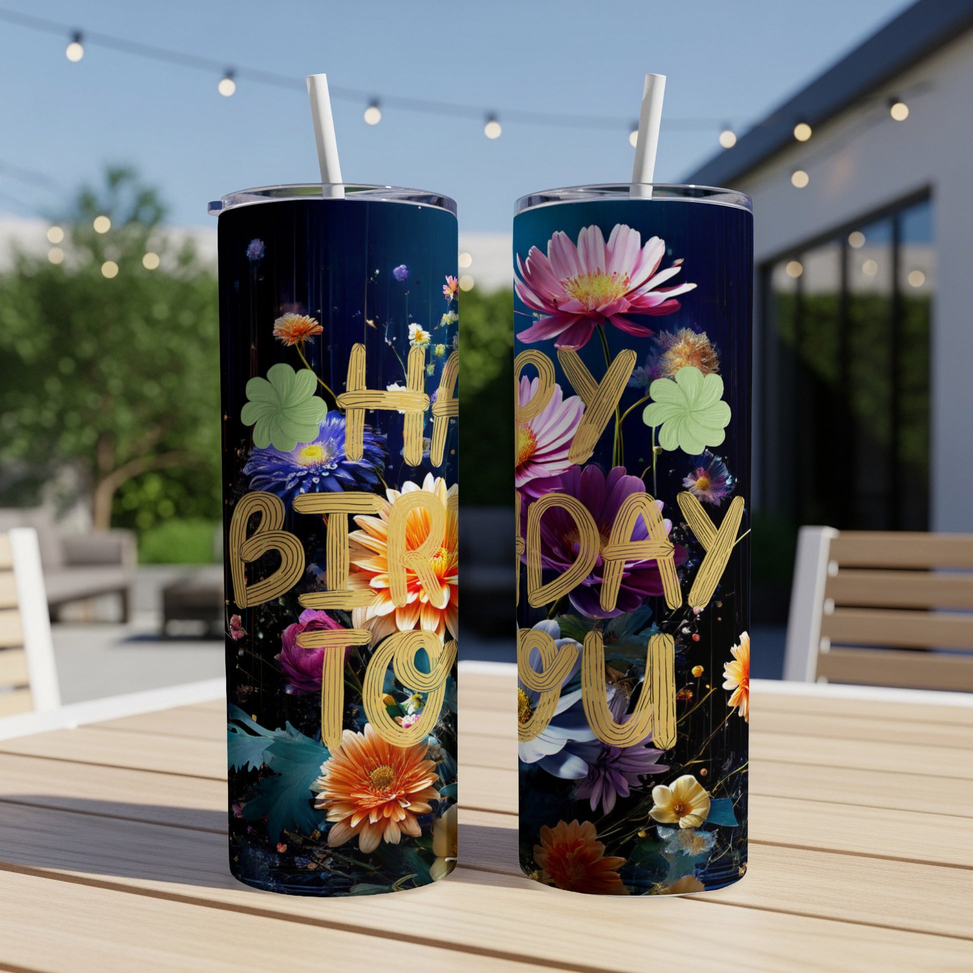 Two tumblers with "Happy Birthday To You" and floral design.