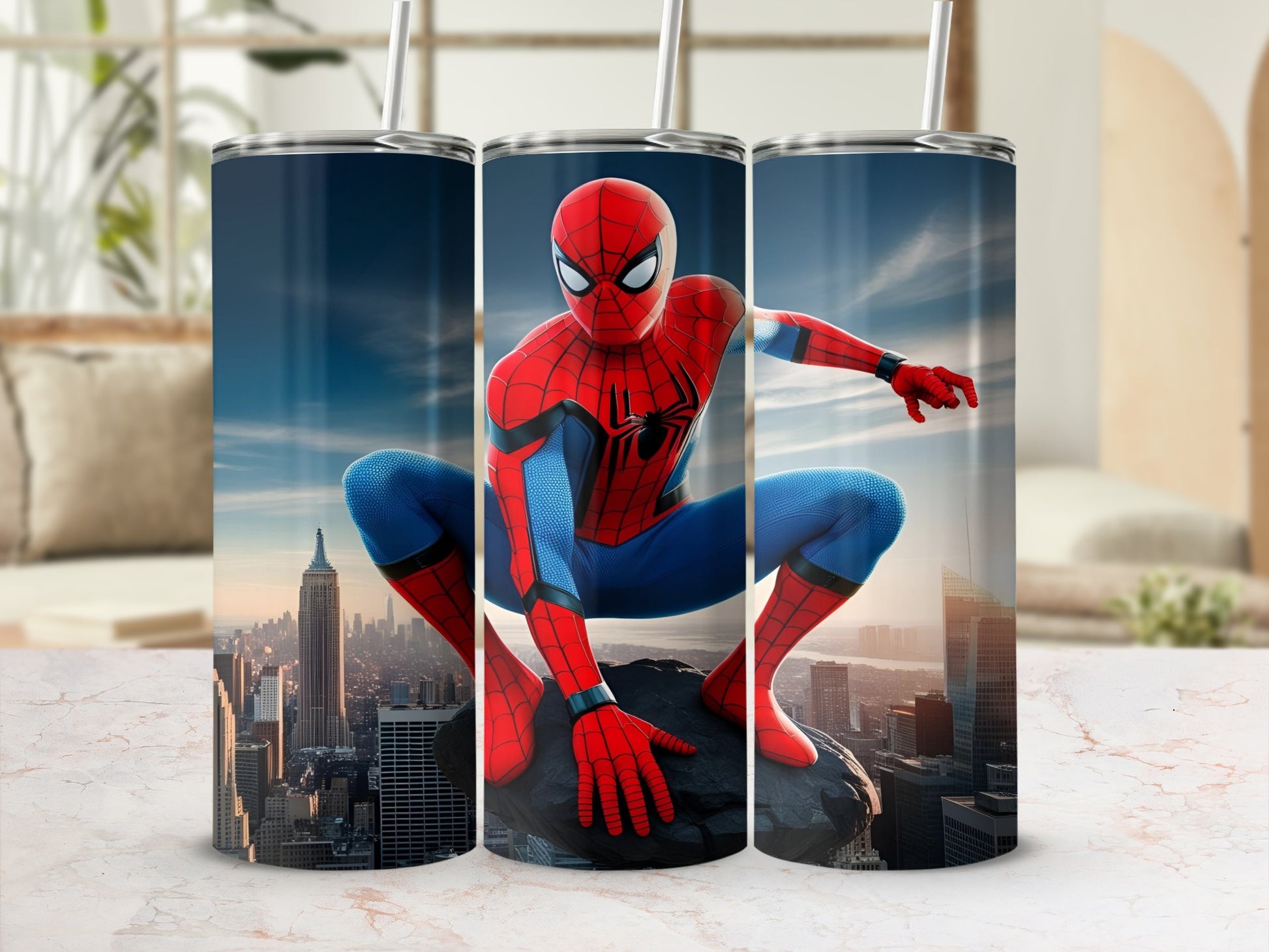 Spider-Man in costume crouches on a rock with a cityscape in the background.