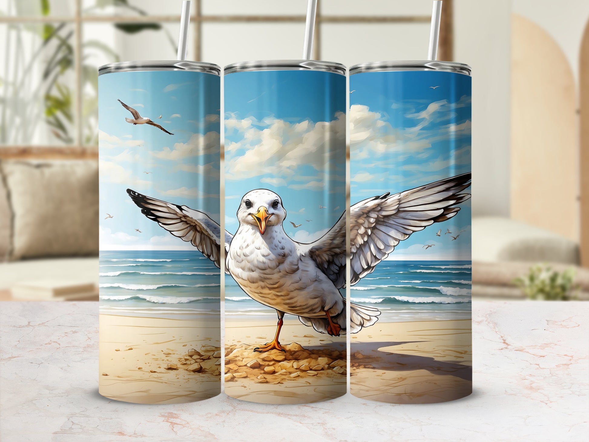 Seagull with wings spread on a beach with ocean and clouds background.