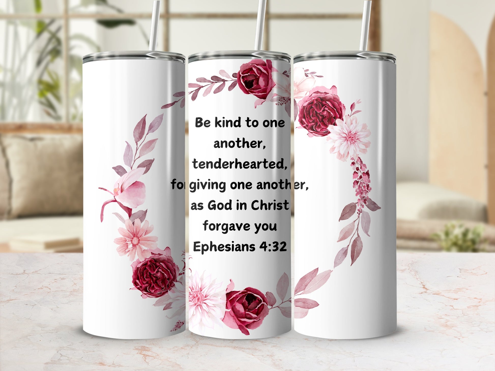 Inspirational Floral Design Tumbler with Bible Verse
