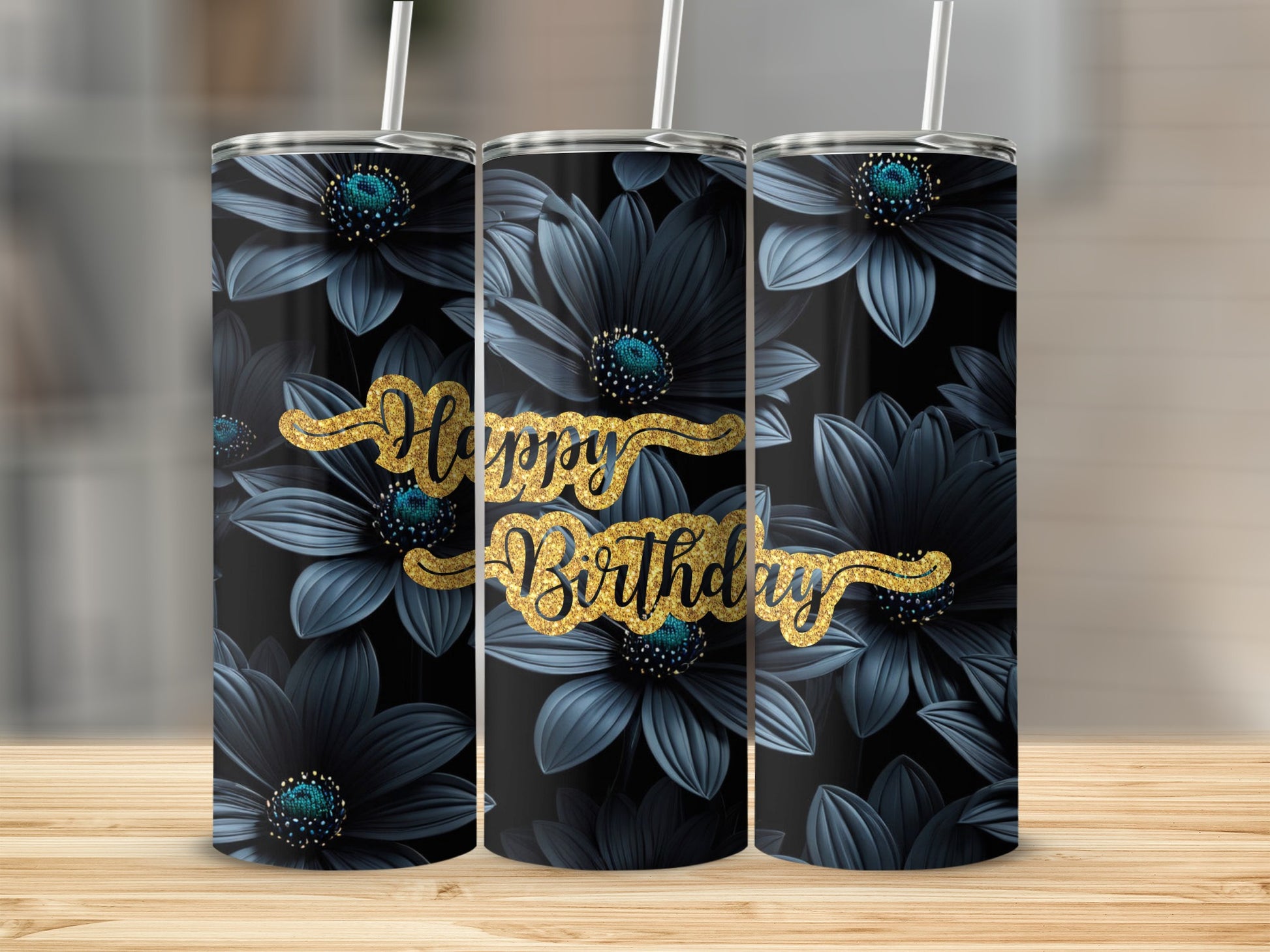 Floral Happy Birthday tumbler with gold glitter text.