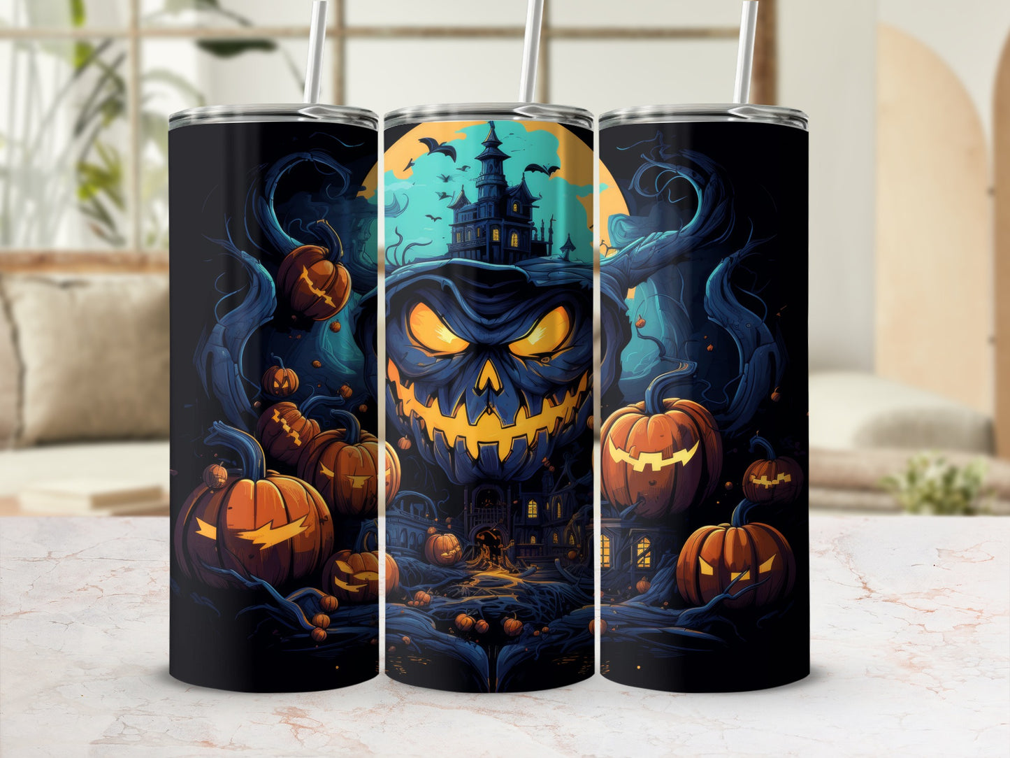 Halloween tumbler with jack-o'-lanterns, haunted house, and full moon.