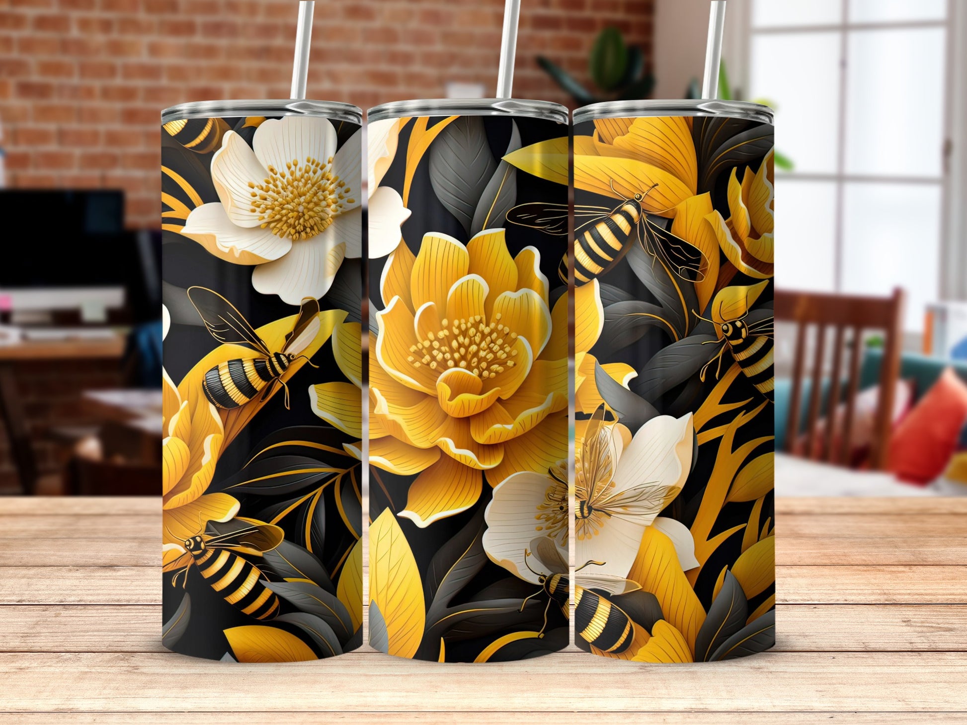 Yellow Floral and Bee Design Insulated Tumbler