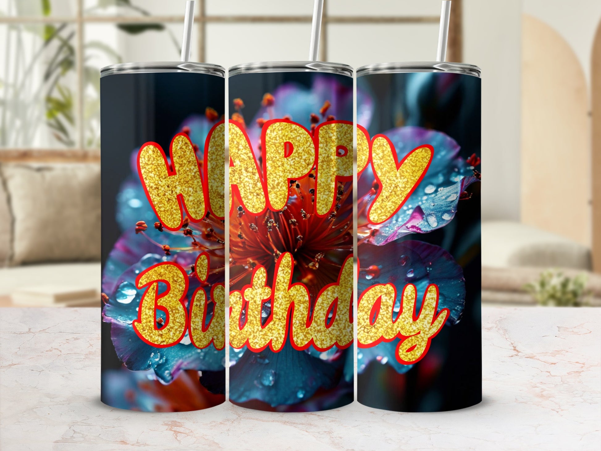 Three tumblers with "Happy Birthday" in glitter, featuring a close-up of a flower.