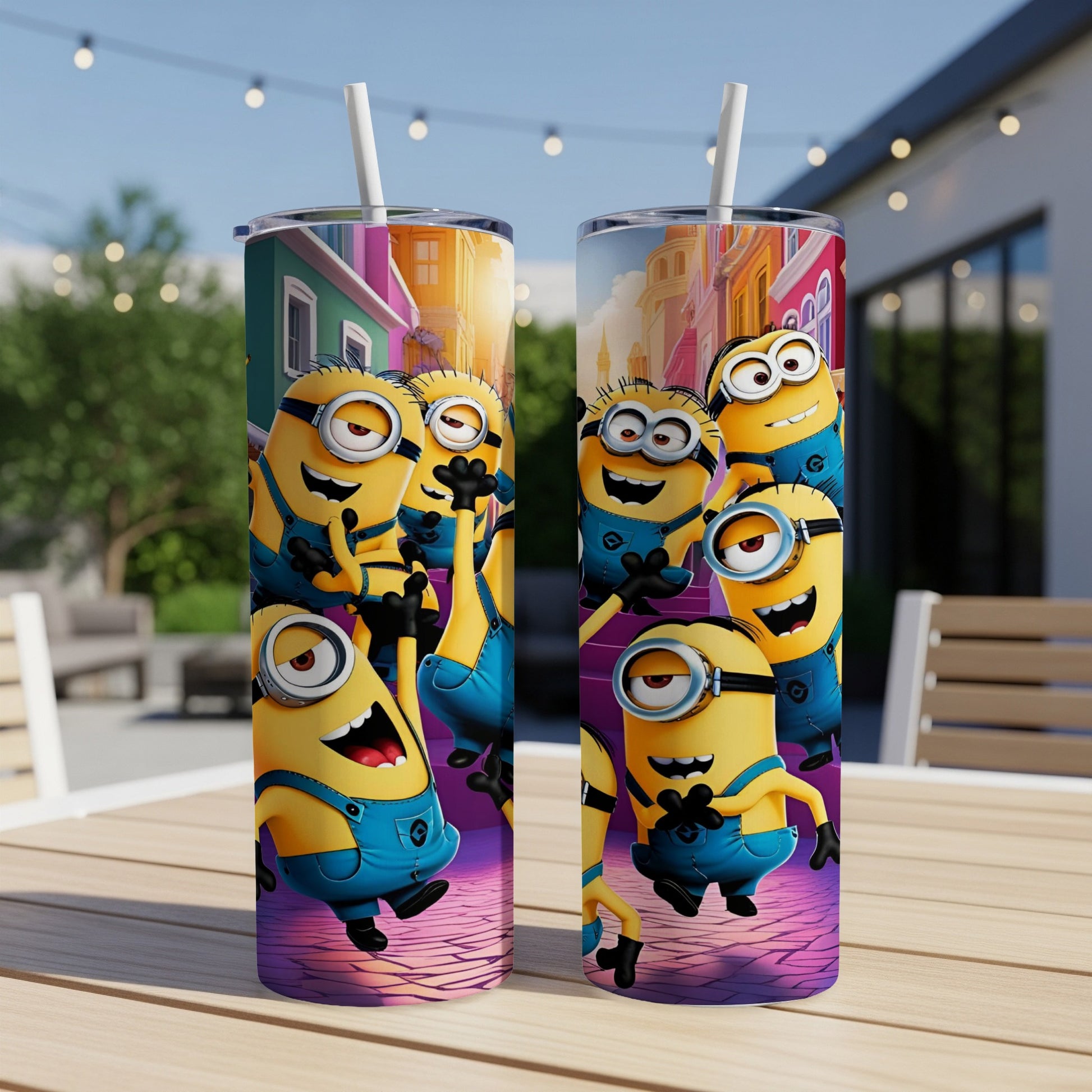 Minions characters on colorful, tall tumblers with straws.