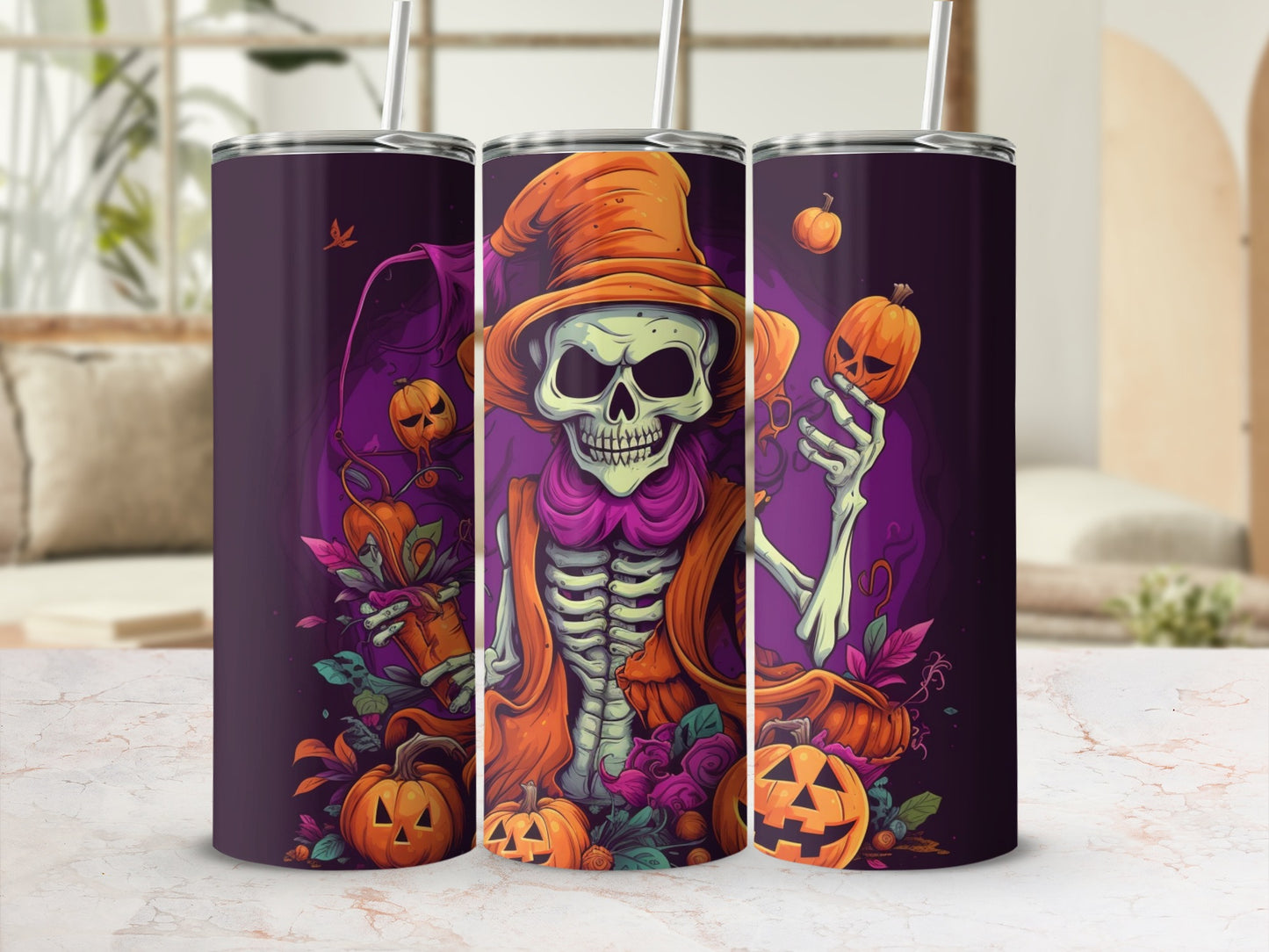 Halloween Skeleton and Pumpkins Design Tumbler