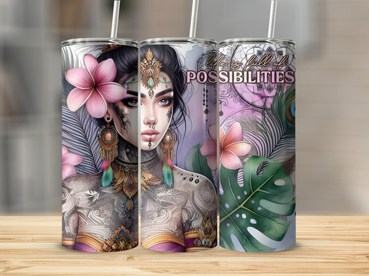Tattooed woman with pink flowers, peacock feathers, and "POSSIBILITIES" text on tumblers.