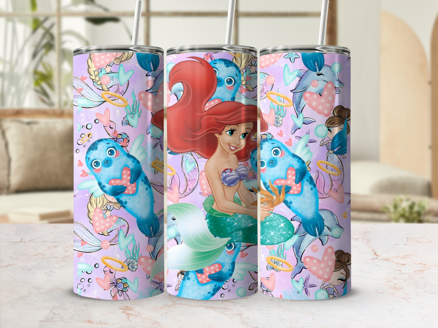Mermaid and Sea Creatures Themed Tumbler Cup