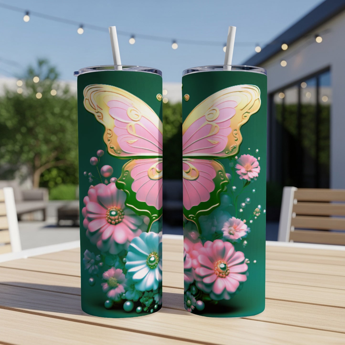 Green tumbler with pink and gold butterfly and floral design.