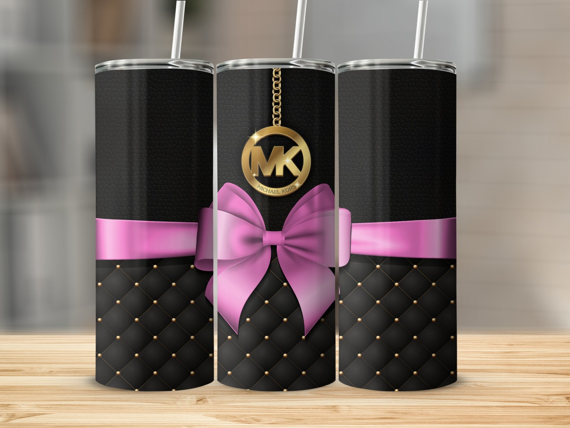 Stylish Black Quilted Tumblers with Pink Ribbon Decor