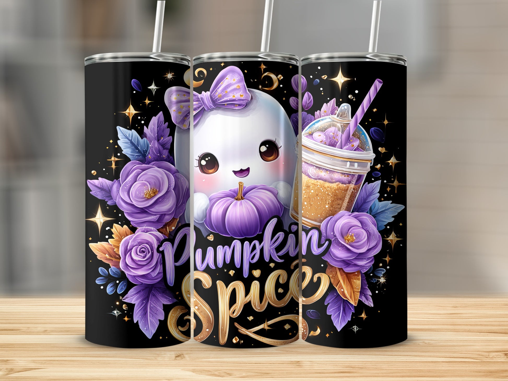Adorable Pumpkin Spice Ghost and Flowers Tumbler