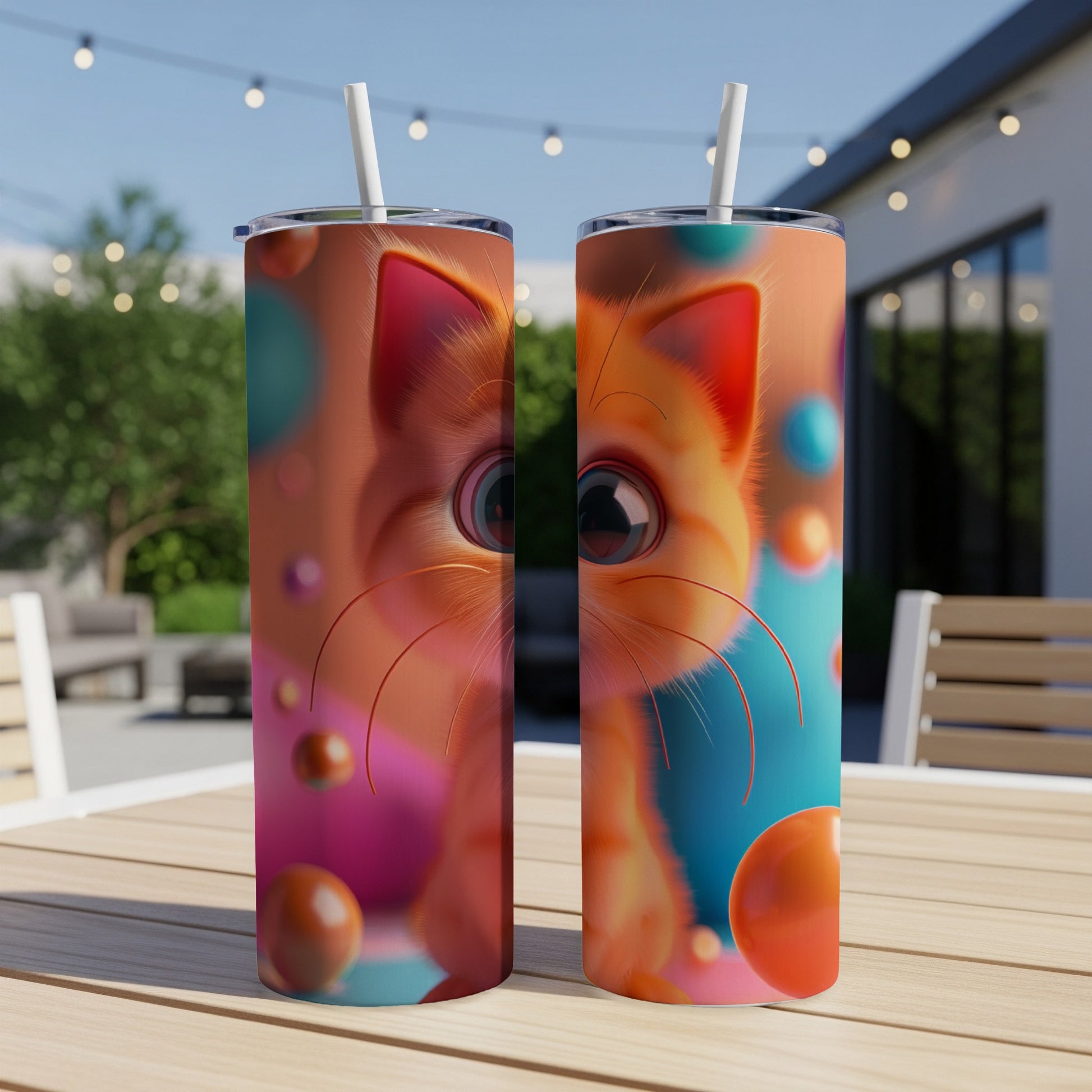 Orange cat with large eyes on a tumbler with abstract colorful spheres.