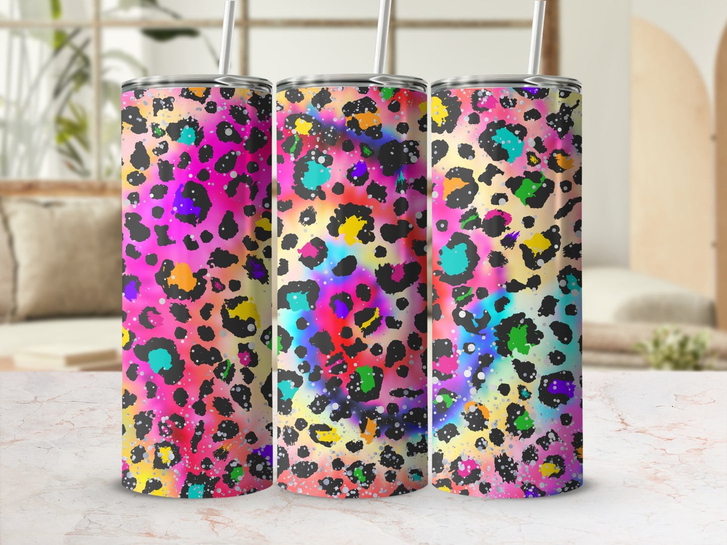 Colorful Leopard Print Tumblers with Straws Tumbler