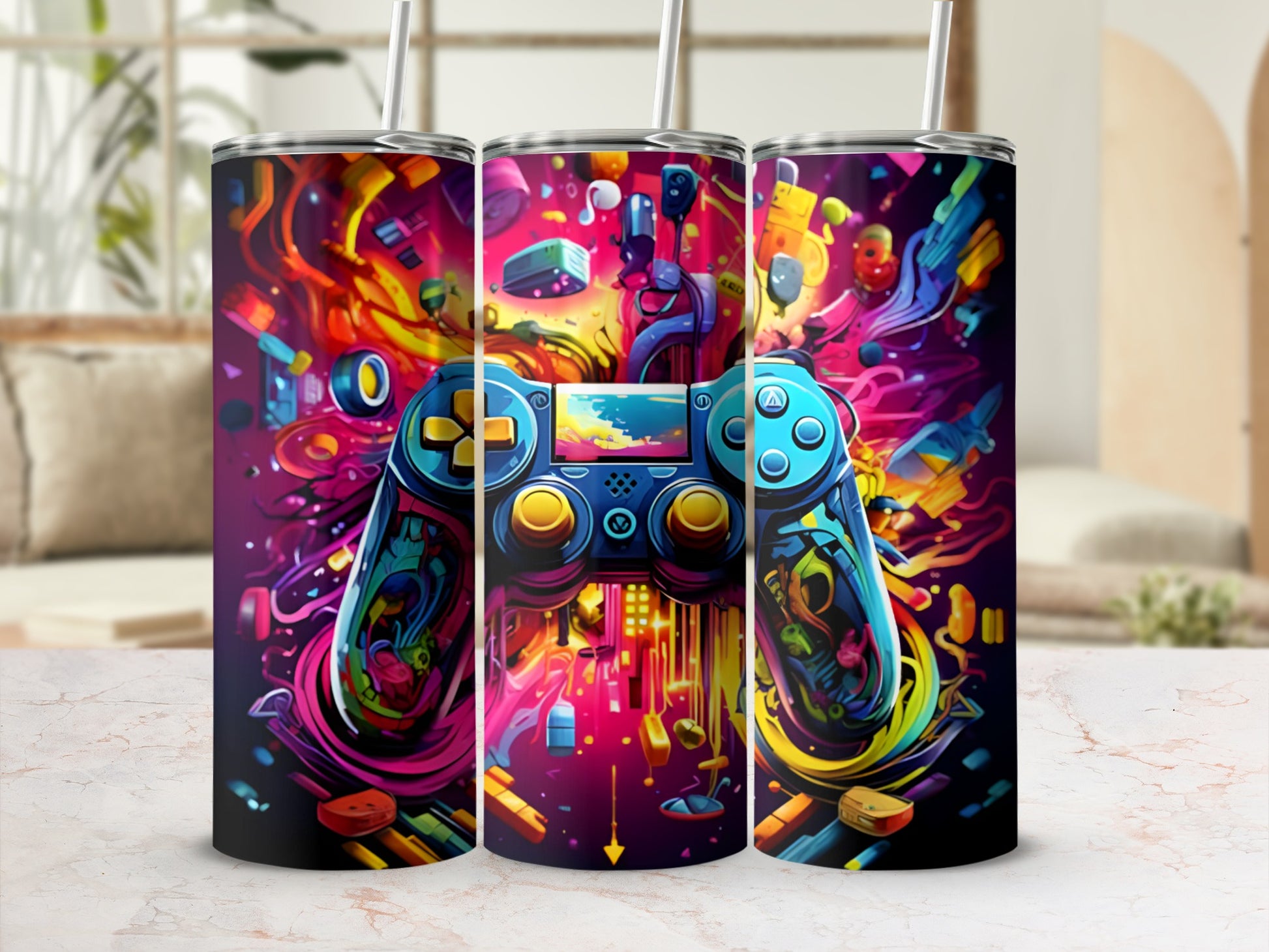 Colorful, abstract video game controller design on a tumbler.