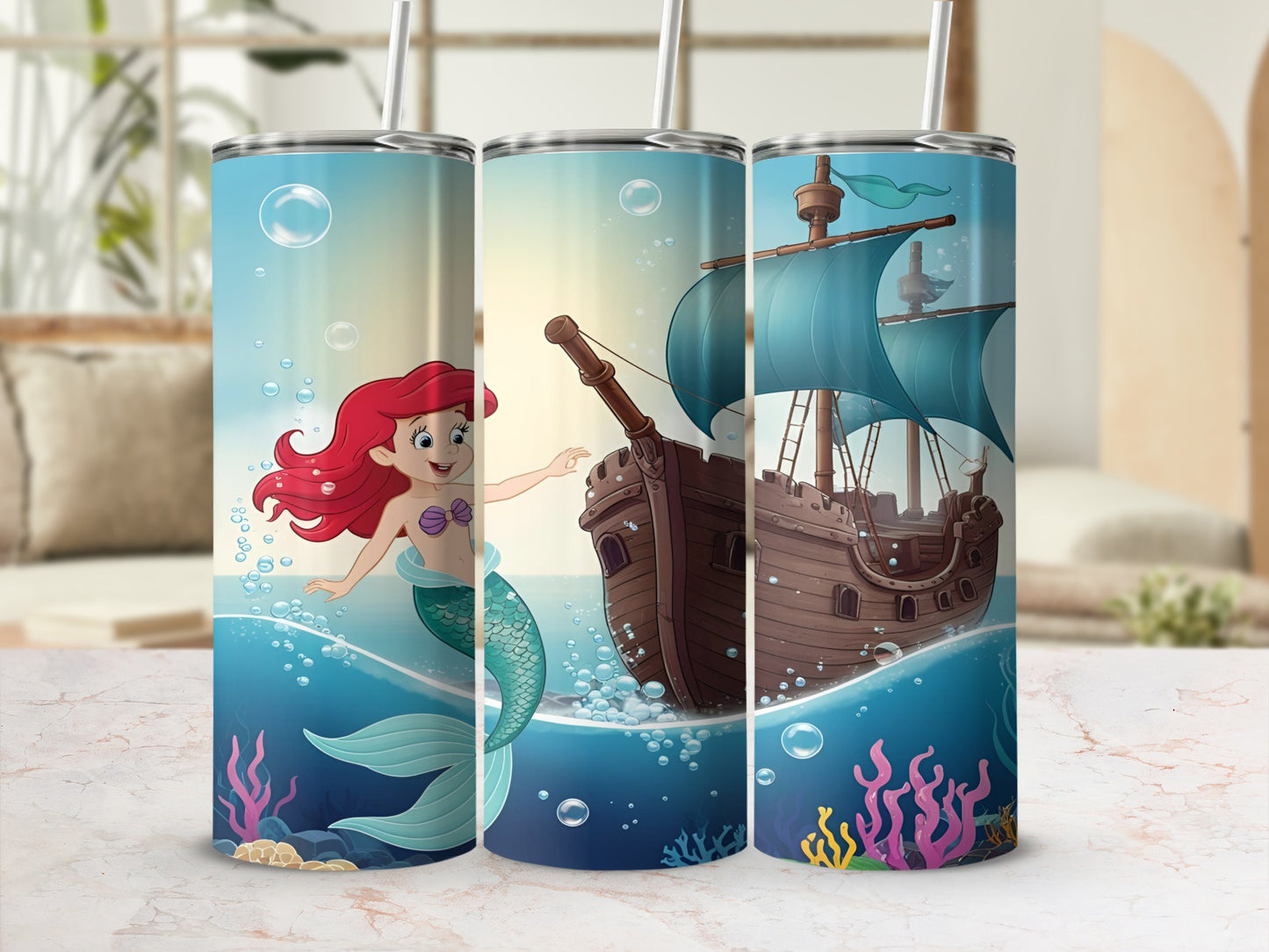 Ariel the mermaid swims near a pirate ship in an underwater scene.