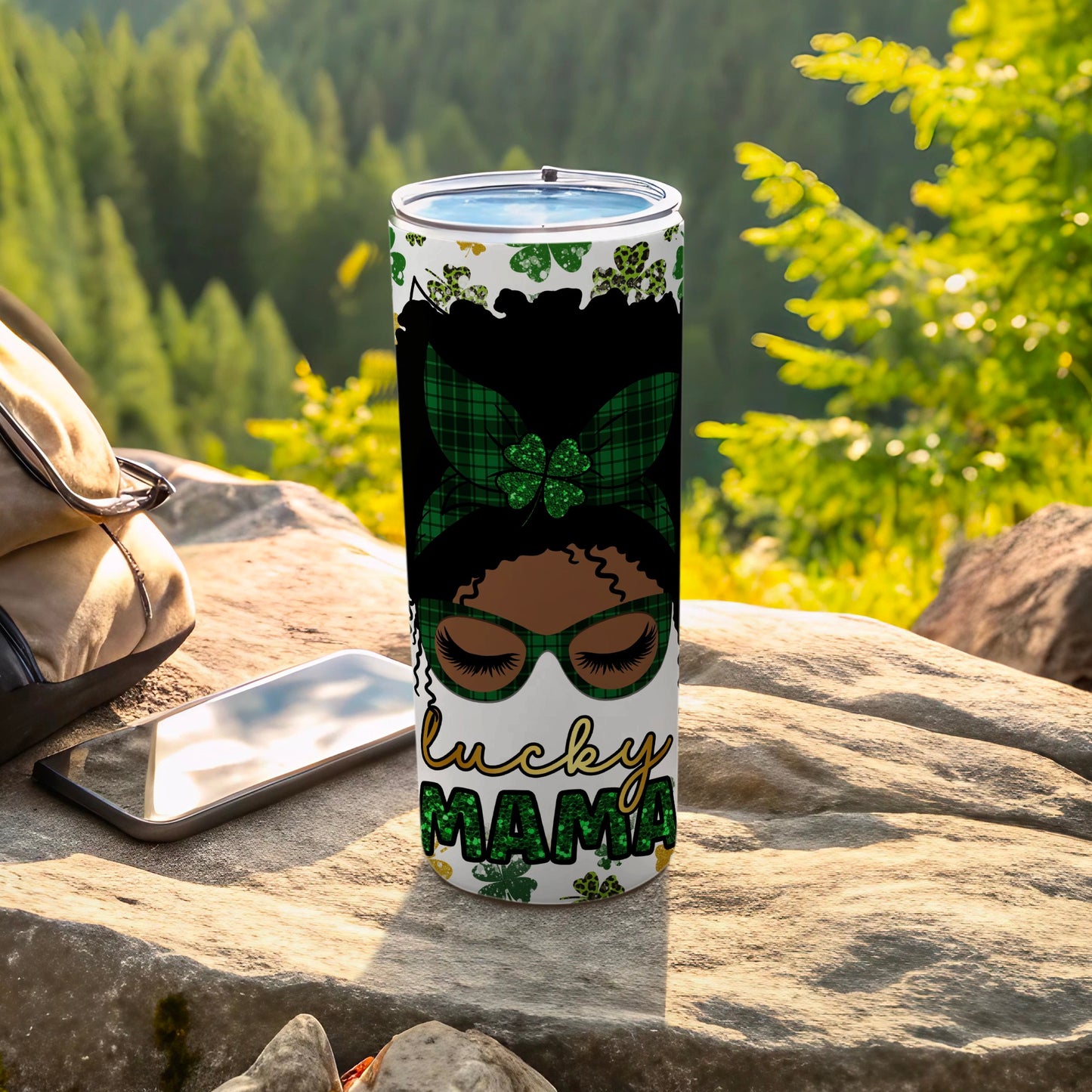 Green plaid tumbler with "Lucky Mama" text, featuring woman's silhouette.
