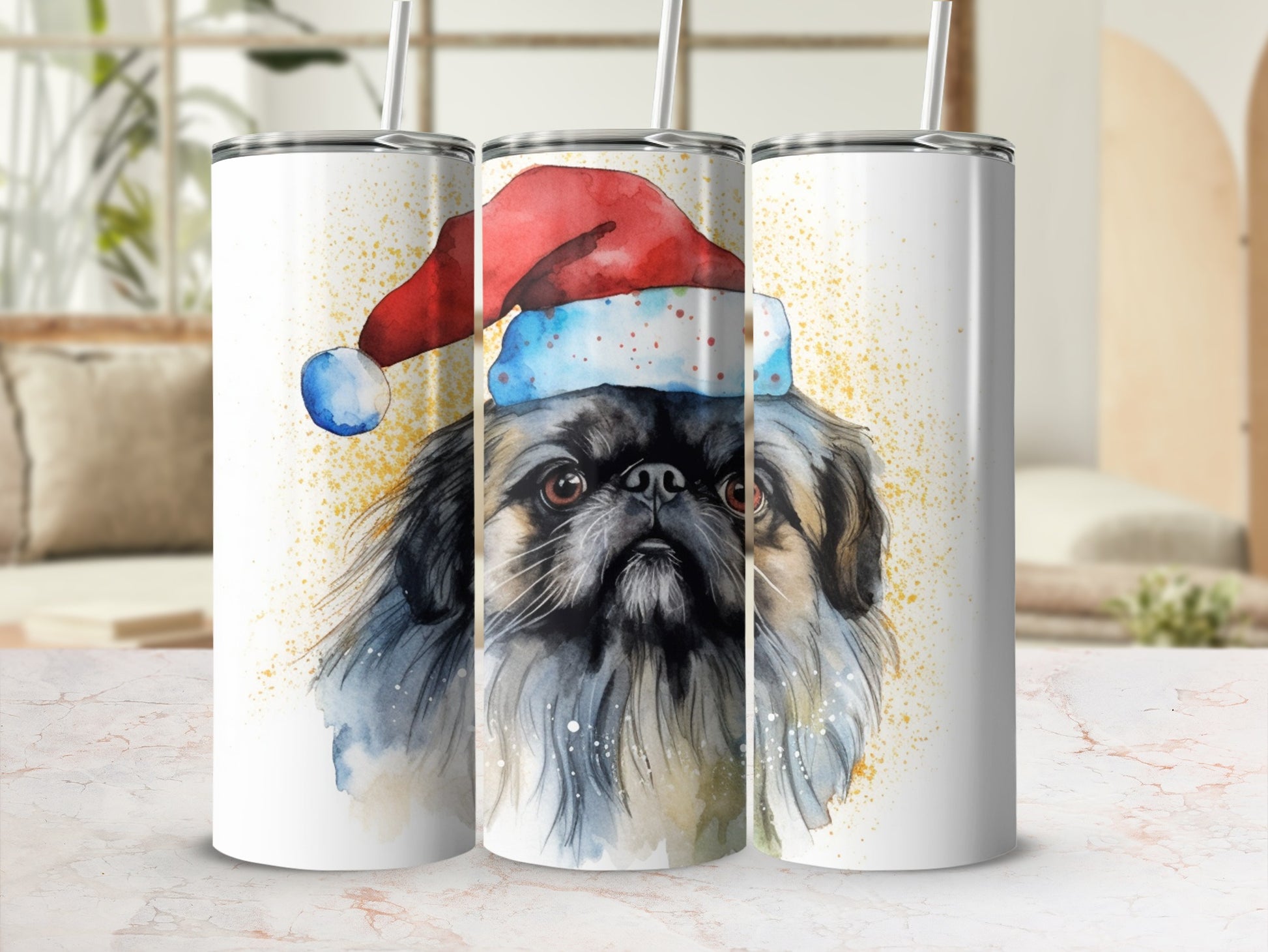 Watercolor pug wearing a Santa hat with gold splatters.