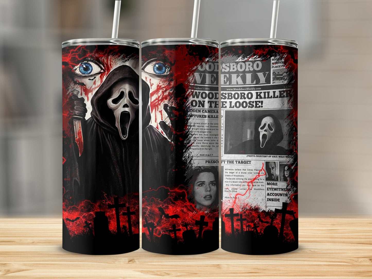 Ghostface mask and bloody newspaper clipping featuring Woodsboro Weekly headline.