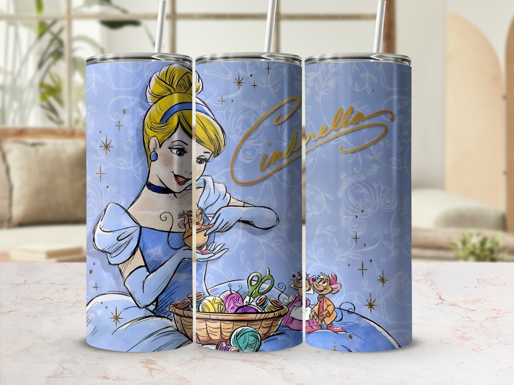 Cinderella Character Design Tumbler Cup with Lid and Straw
